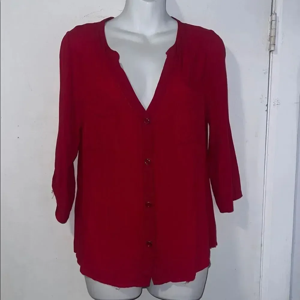 NEEDLE & THREAD Red Button Up Roll Tab Sleeve Blouse-M